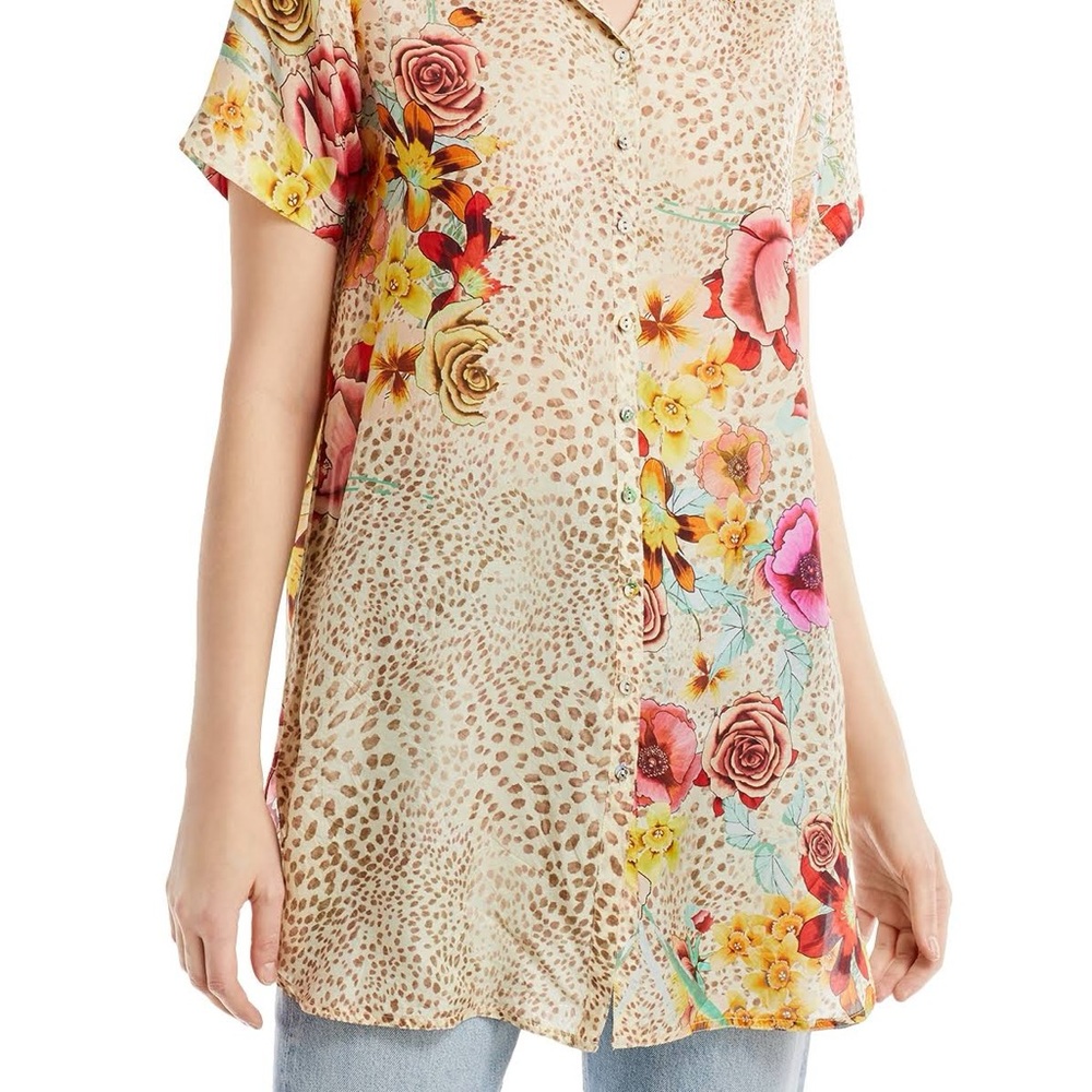 $260 Johnny Was Hera Calia 100% Silk Floral Leopard Tunic Top XL